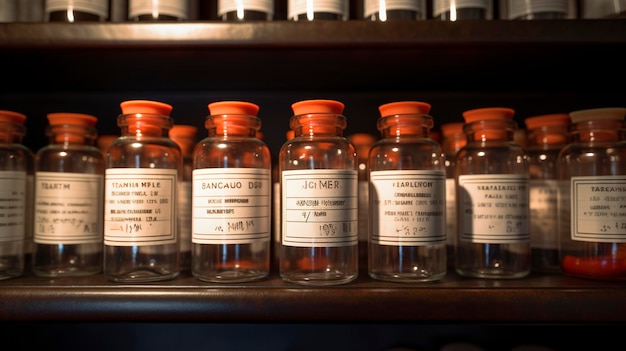 Um close-up de frascos de prescrição com rótulos de medicamentos