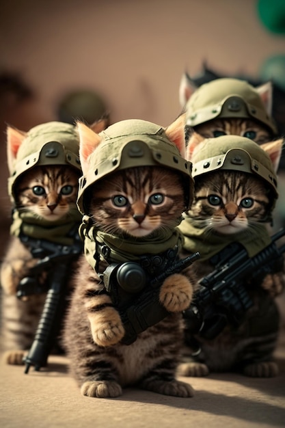 Um close-up de gatos em grupo em uniformes militares generative ai