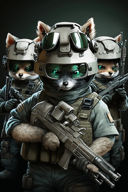Um close-up de gatos em grupo em uniformes militares generative ai