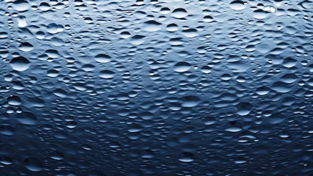 Um close-up de gotas de água em um fundo azul