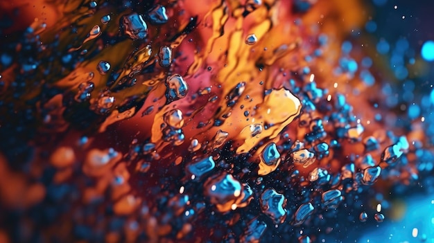 Um close-up de gotas de água em um fundo colorido