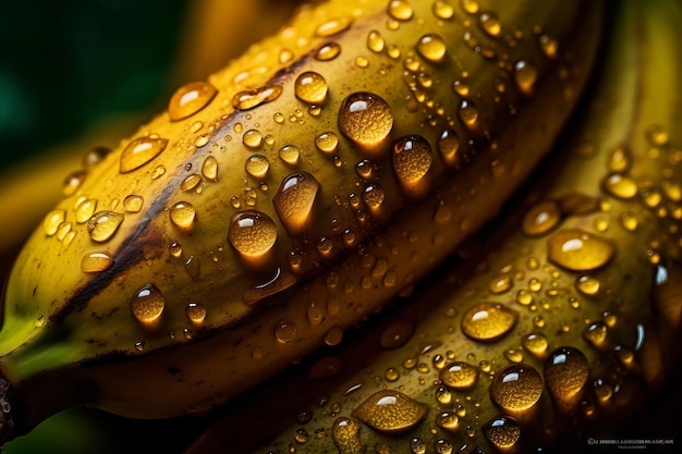 Um close-up de gotas de água em uma banana