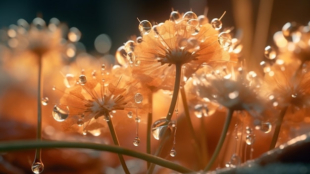 Um close-up de gotas de água em uma flor