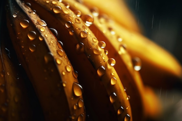 Um close-up de gotas de água em uma folha de bananeira