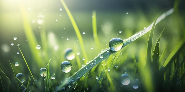 Um close-up de gotas de água em uma folha de grama