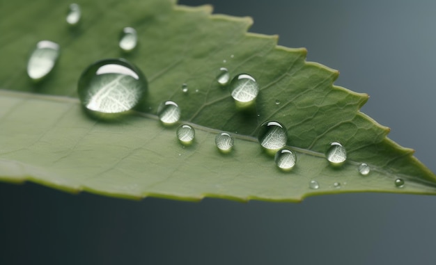 Um close-up de gotas de água em uma folha verde