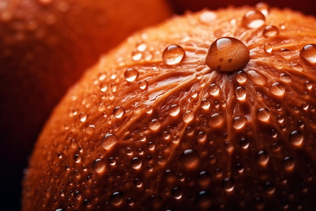 Um close-up de gotas de água em uma laranja
