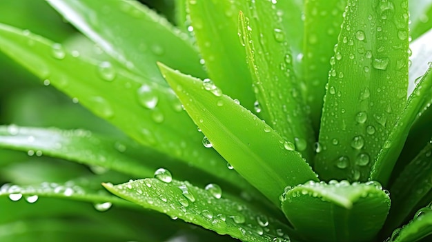 um close-up de gotas de água em uma planta verde