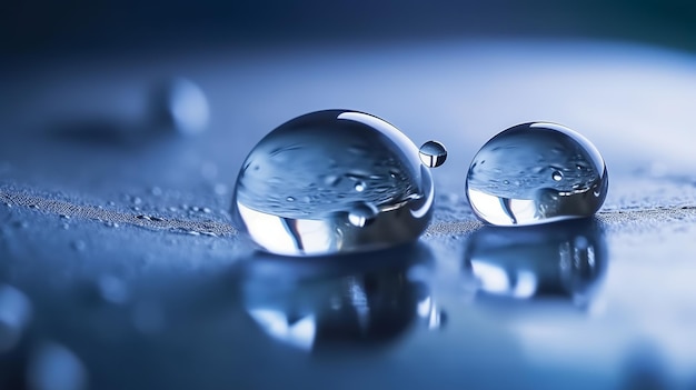 Um close-up de gotas de água em uma superfície azul