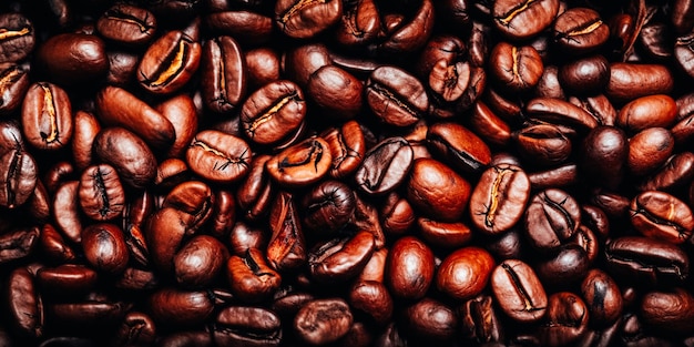 Um close-up de grãos de café com a palavra café no canto superior direito