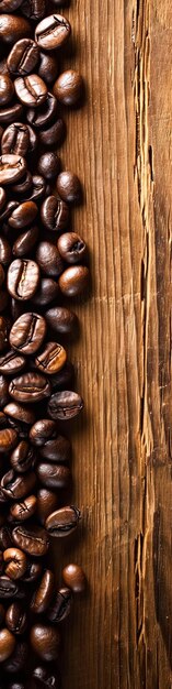 Um close-up de grãos de café em uma superfície de madeira