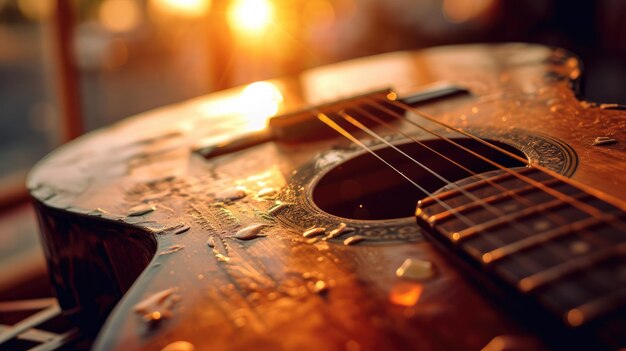 Um close-up de guitarra com gotas de água