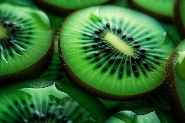 Um close-up de kiwis com as sementes no centro