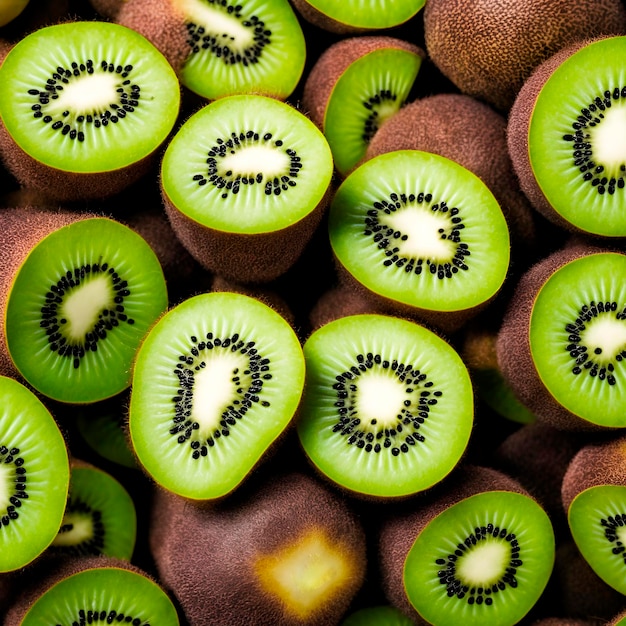 Um close-up de kiwis com as sementes visíveis.