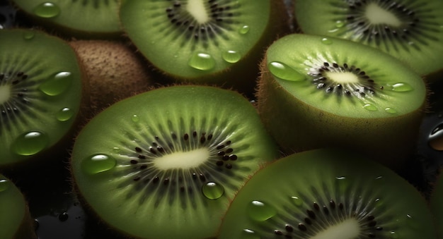 Um close-up de kiwis com gotas de água sobre ele