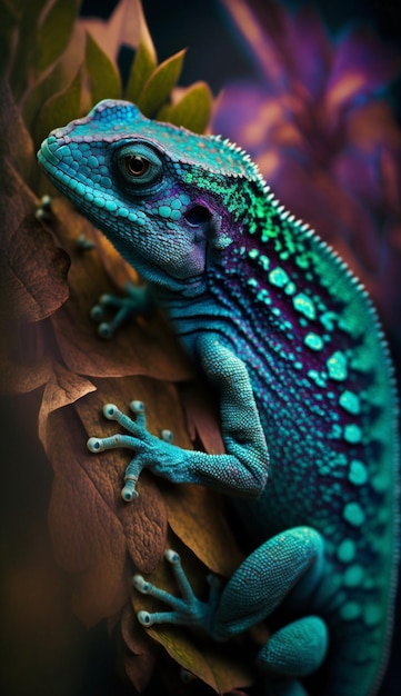 Um close-up de lagarto réptil em galho de árvore generativo ai