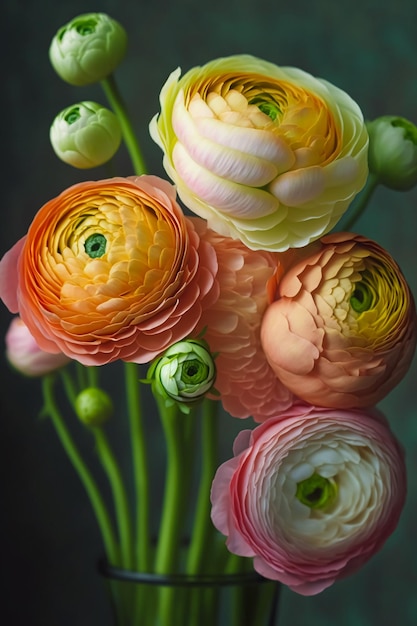 Um close-up de lindo buquê brilhante de flores Ranunculus Generative AI
