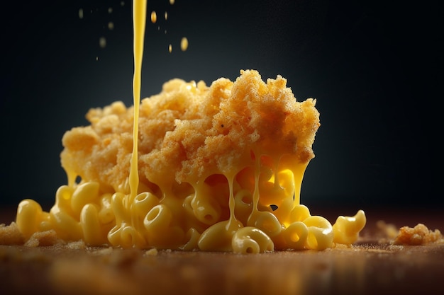 Um close-up de macarrão com queijo sendo derramado sobre uma mesa.