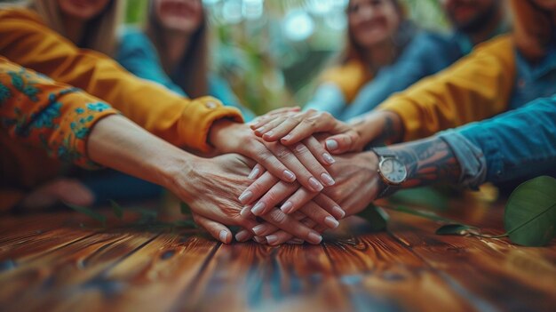 Foto um close-up de mãos trocando ideias durante o fundo