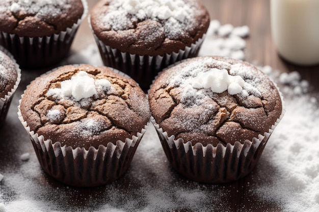 Um close-up de muffins de chocolate com açúcar por cima.