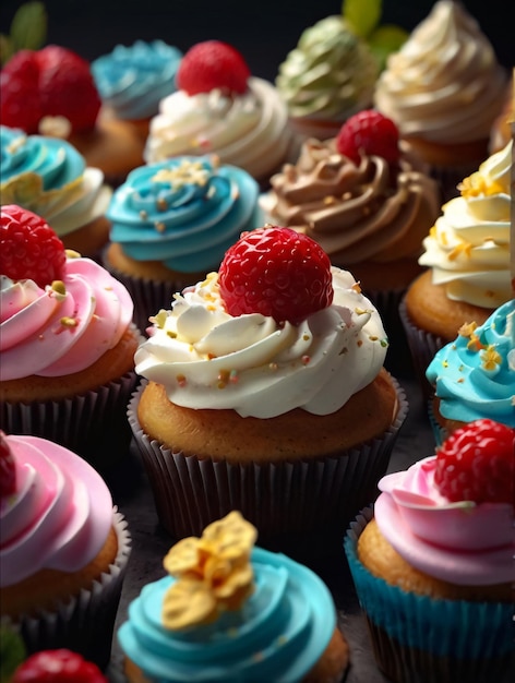 um close-up de muitos cupcakes com uma framboesa no topo