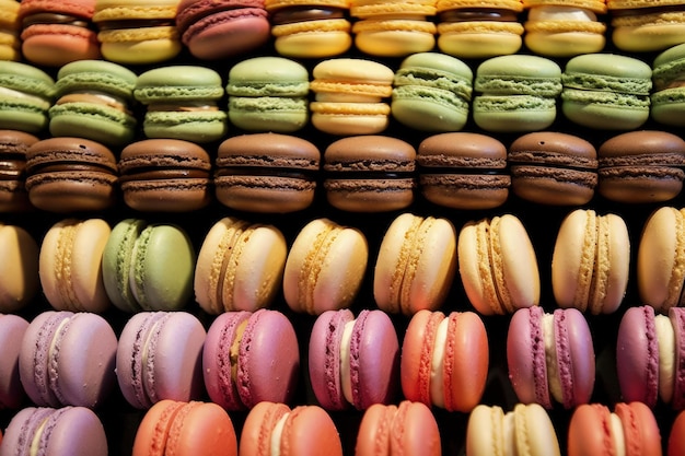 Um close-up de muitos macaroons coloridos diferentes AI generativa