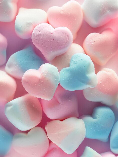 um close-up de muitos marshmallows em forma de coração