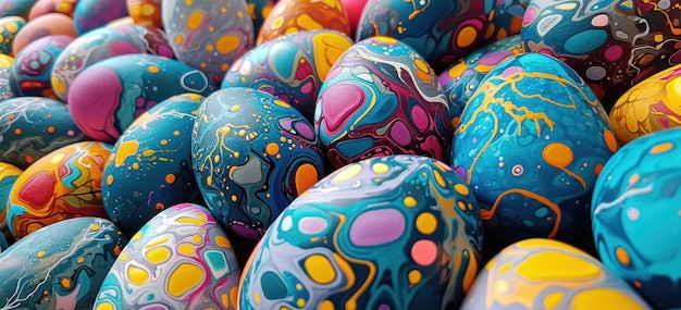 um close-up de muitos ovos coloridos e pintados