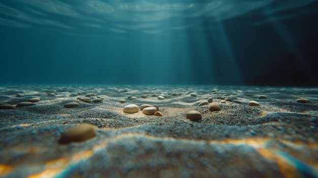 um close-up de pedras sob a água com seixos na água