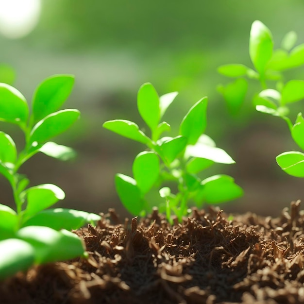 Um close-up de pequenas plantas crescendo no solo