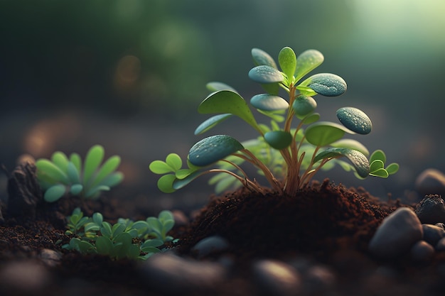 Um close-up de plantas em uma floresta escura