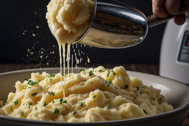 Foto um close-up de puré de batatas fofinho sendo batido com