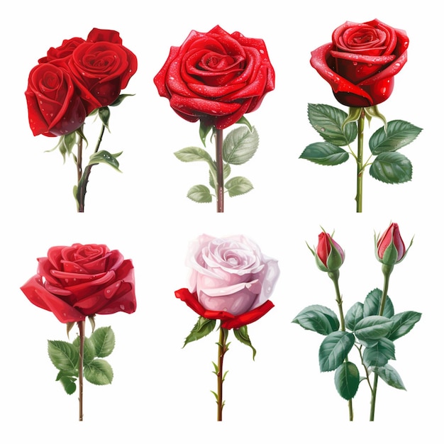 Um close-up de quatro rosas diferentes com folhas em um fundo branco generativo ai