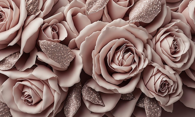 Um close-up de rosas com gotas de água sobre eles.