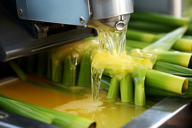 Foto um close-up de suco de cana-de-açúcar sendo derramado em um copo com uma fatia de papaia