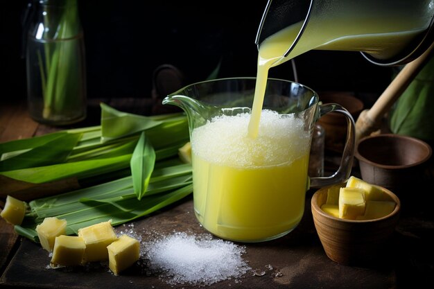 Foto um close-up de suco de cana-de-açúcar sendo misturado com bagas em um misturador