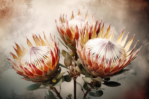 Um close-up de três proteas com um fundo vintage.