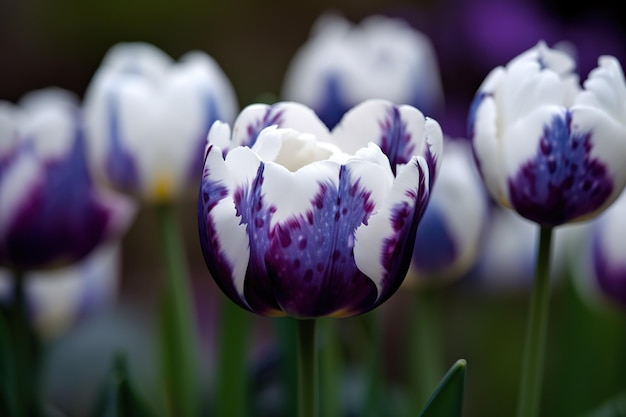 Um close-up de tulipas roxas e brancas com a palavra tulipas na parte inferior.