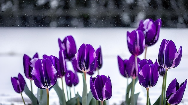 Um close-up de tulipas roxas na neve