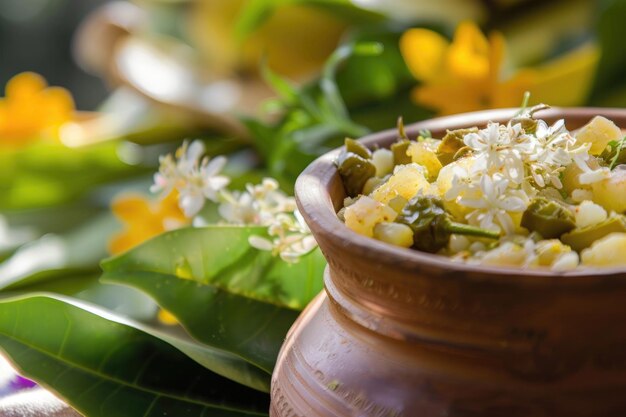 Um close-up de Ugadi Pachadi simbolizando os sabores da vida