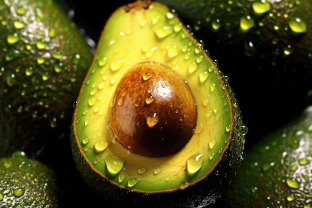 Um close-up de um abacate com gotas de água sobre ele