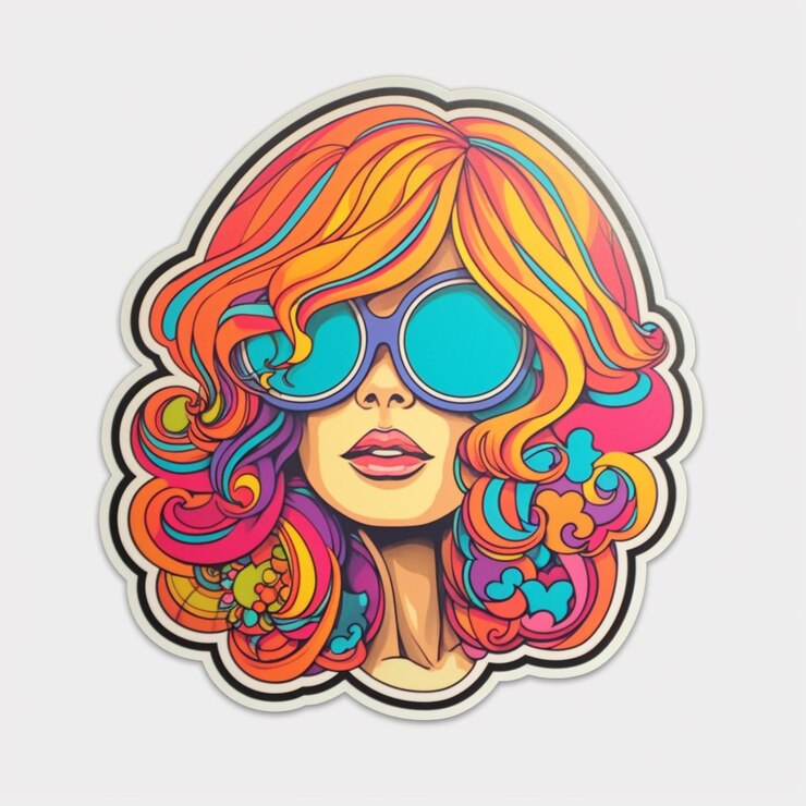 Foto um close-up de um adesivo com uma mulher com cabelo colorido generativo ai
