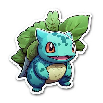 Um personagem pokémon com folhas verdes e fundo preto.