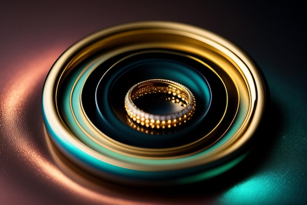 Um close-up de um anel com cores verdes e ouro