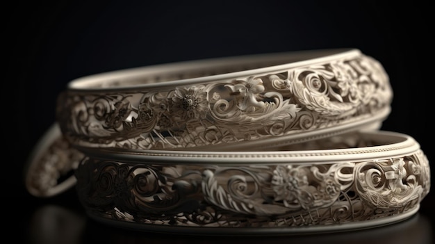 Um close-up de um anel de prata com um desenho floral sobre ele.