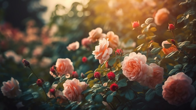 Um close-up de um arbusto com rosas cor de rosa