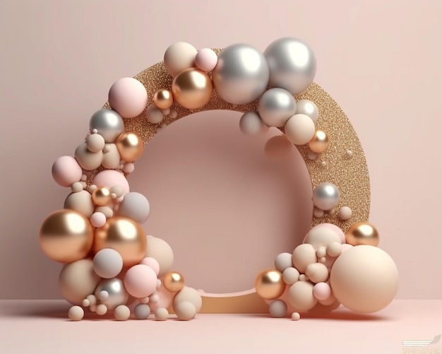 Um close-up de um arco de balão dourado e rosa com um número generativo ai