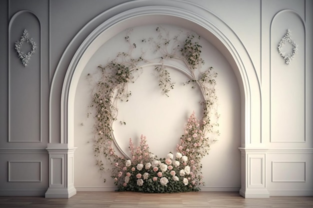 Um close-up de um arranjo de flores em uma sala com um arco generativo ai