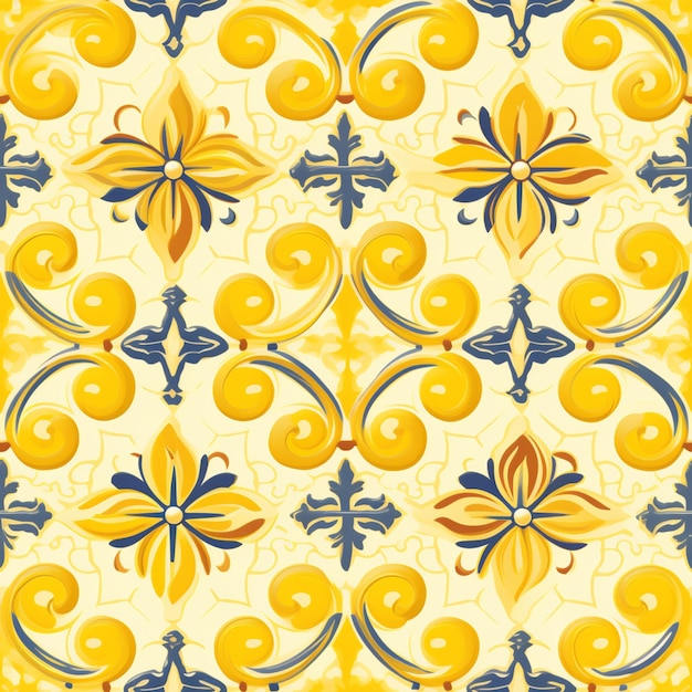 um close-up de um azulejos amarelo e azul com um design de flor generativo ai