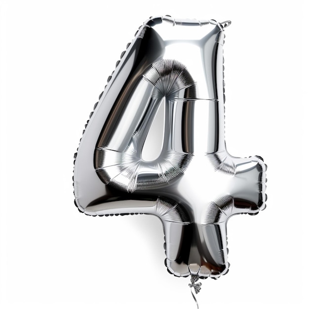 um close-up de um balão de prata em forma de número 4 generativo ai